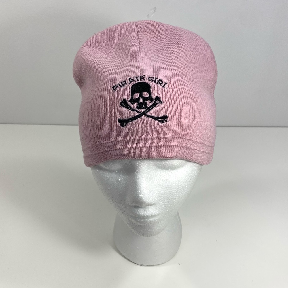 PirateHeads Pirate Girl Pink Beanie Hat + Black Embroidered Skull & Crossbones